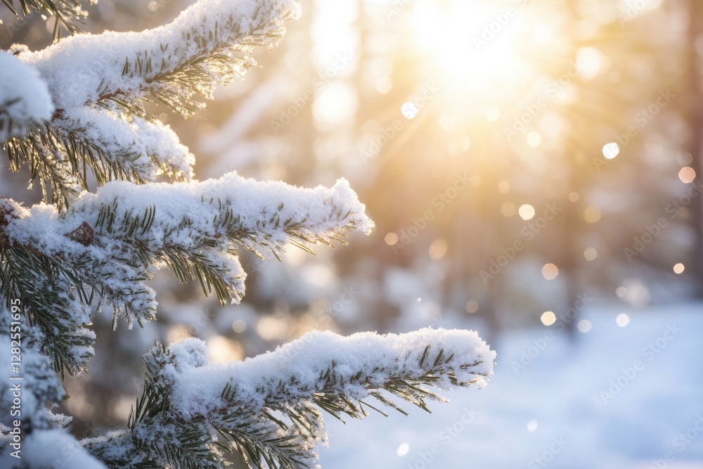 Poster snow covered pine branches glisten in the warm sunlight during a serene winter afternoon in a forest