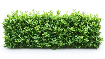 Obraz premium A green hedge with leaves is shown in a white background. The hedge is full of green leaves and is very dense