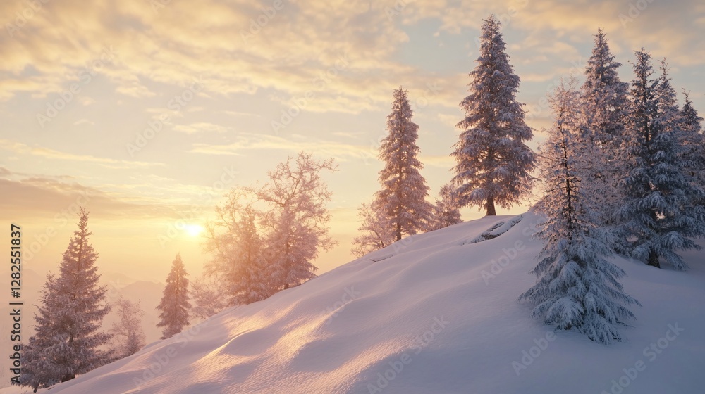 Aufkleber snowy mountain slope with pine trees at sunset creating a winter wonderland