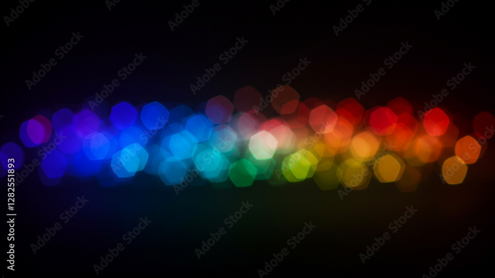 Poster rainbow-hued pentagon shapes create a bokeh background. an abstract texture reminiscent of night lig