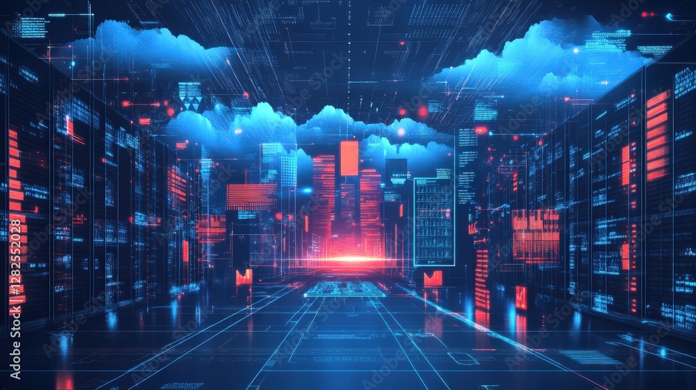 Poster futuristic laboratory environment featuring high-tech data servers and digital connections in a sci-