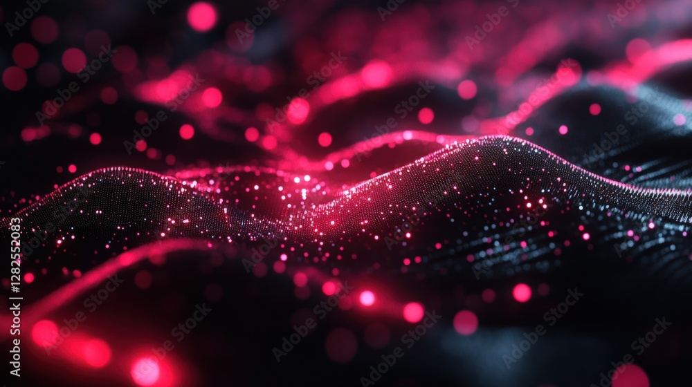 Poster vibrant abstract waves of light and color: a stunning display of red and black digital art represent