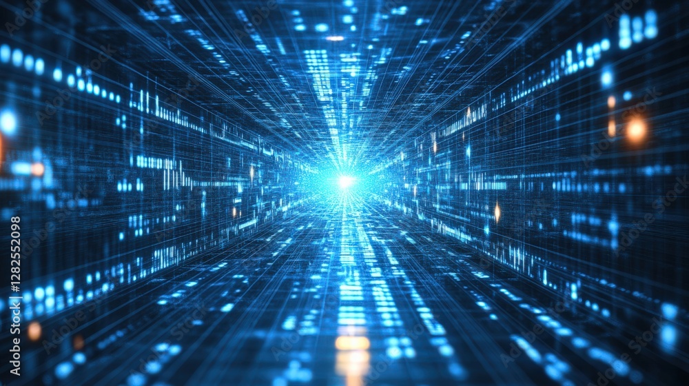 Poster a futuristic digital tunnel: a stunning visualization of abstract technology with bright blue light 