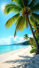 Obraz premium Vibrant coconut palms on sunny beach, idyllic scene, vegetation, photography
