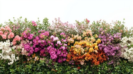 Obraz premium A colorful flower garden with a white background. The flowers are of various colors, including pink, orange, and yellow. The garden is full of life and vibrancy, creating a cheerful