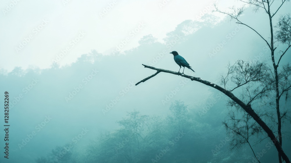 Poster lone bird perched on a dead tree branch against a foggy forest backdrop during early morning light. 