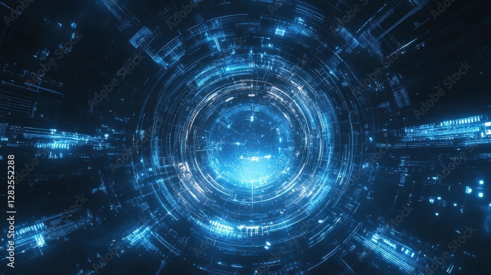 Poster futuristic digital tunnel with blazing blue light patterns showcasing advanced technology and abstra