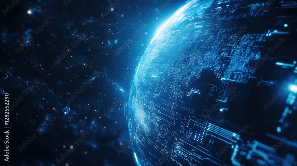 Poster a digital universe: vivid rendering of earth surrounded by a futuristic network of bright blue data 