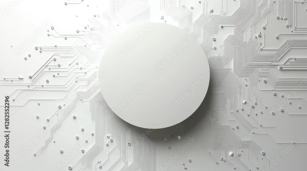 Poster a futuristic abstract design featuring a central white circle surrounded by intricate circuit patter