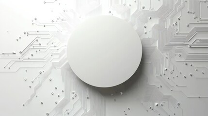 A Futuristic Abstract Design Featuring a Central White Circle Surrounded by Intricate Circuit Patterns and Digital Elements Evoking Technology and Innovation