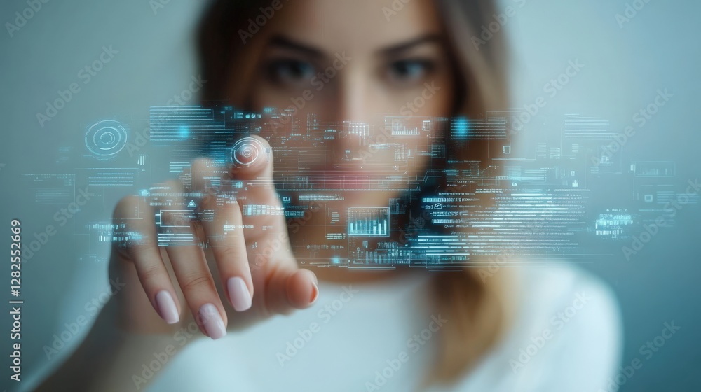 Poster a young adult caucasian female interacting with a virtual interface, demonstrating cutting-edge tech
