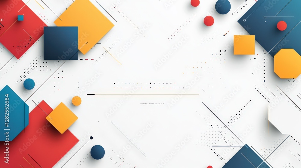 Poster abstract geometric design featuring colorful shapes and patterns on a white background, highlighting
