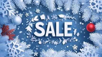 Christmas sale banner with fir branches, snowflakes and baubles decorating a blue background