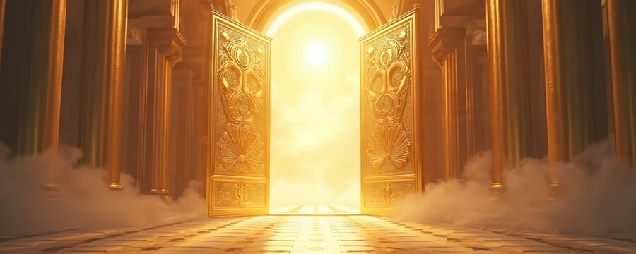 Open golden gates to heaven with bright light. 3D rendered heavenly gate to realm of tranquility. Shimmering light around golden gate. Digital art panorama background of paradise. Concept of hope,