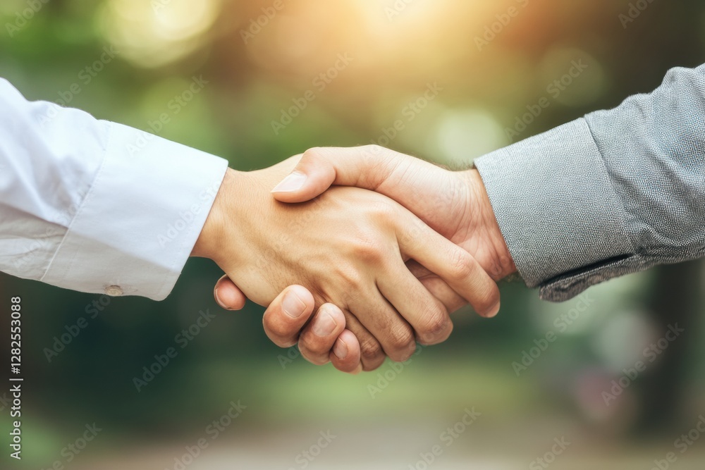 Aufkleber Two people shaking hands with a warm sunlight glow in a natural setting during a pleasant afternoon meeting. Generative AI