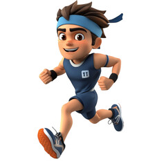 3D Cartoon Athlete Running in a Blue Shirt Isolated on Transparent Background