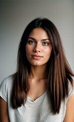 Fototapeta premium Young woman with long dark hair in a white T-shirt