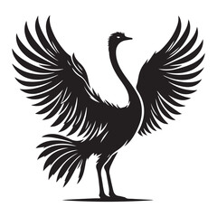Ostrich with wings outstretched Silhouette Vector Illustration, Solid White Background.