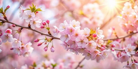Obraz premium Delicate pink cherry blossoms in full bloom against a soft white background with subtle sunlight filtering through leaves and branches, tree in bloom, blossom tree