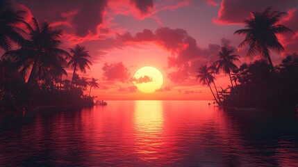 Obraz premium Serene sunset over a tranquil tropical beach with palm trees reflecting on calm waters