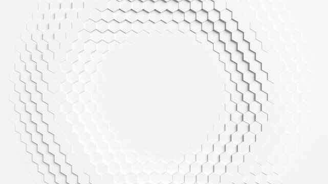 A white circle with a hexagonal pattern surrounding it. Looped animation