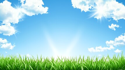 Obraz premium Bright Sunny Day Lush Green Grass Field Blue Sky White Clouds