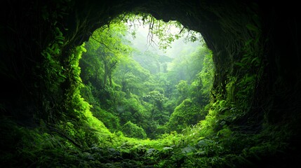 Lush Green Jungle Cave Opening Sunlight Tropical Forest