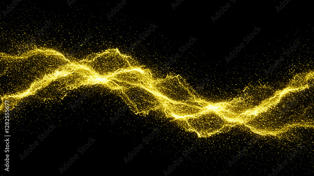 Poster a mesmerizing arrangement of yellow particles clusters seamlessly into flowing waves, exuding a soft