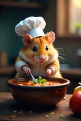 Tiny chef hamster stirs soup in backlit kitchen , culinary, wildlife, backlight