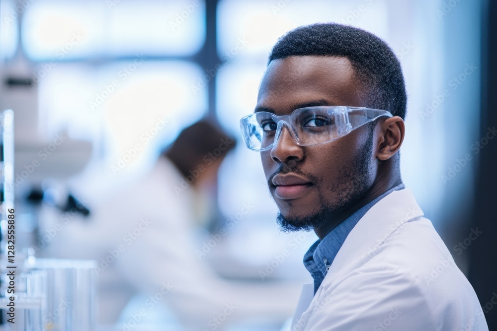 Poster young scientist in laboratory working with chemical experiments and research techniques during dayli
