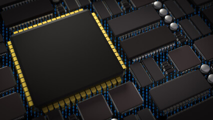 The IC on PCB Board for IT or Technology concept 3d Rendering.