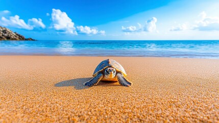 Obraz premium Sea turtle crawling on golden sandy beach under blue sky