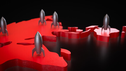 The Rocket on red world map 3d Rendering.