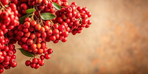 Colorful red meidoorn berries on a diffuse background against a neutral tone, beige, texture, beige, texture, berry