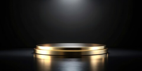 Elegant gold pedestal on a sleek black background with subtle reflections