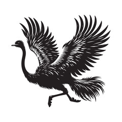 Ostrich with wings outstretched Silhouette Vector Illustration, Solid White Background.