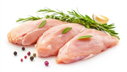 Fresh Poultry Cuts with Herbs:  Close-up of raw chicken breasts garnished with aromatic herbs, conveying freshness and culinary appeal. Perfect for food and recipe related content.