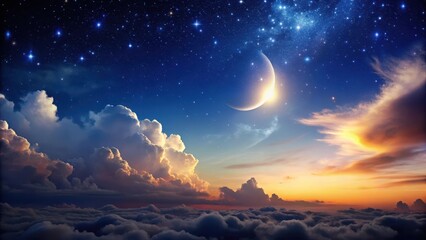 Dark night sky with stars and a crescent moon transitioning into a bright morning blue sky with fluffy white clouds , celestial, night to day