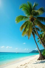 Leaning palm trees, white sand beach, turquoise water, blue, serenity, sunshine