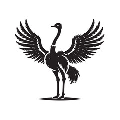 Ostrich with wings outstretched Silhouette Vector Illustration, Solid White Background.
