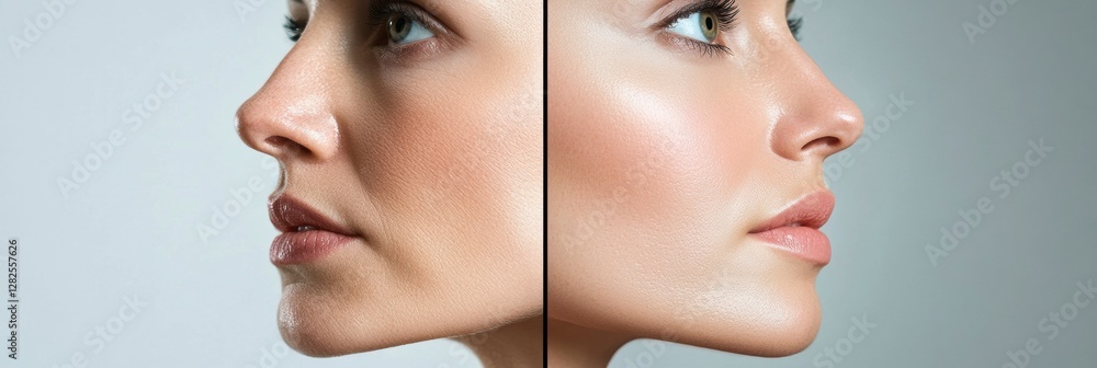 Poster Split screen representation of aging with visible wrinkles on one side and a smooth complexion on the other side. Generative AI