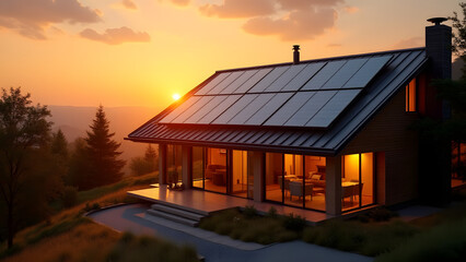 A house facade at sunset, with solar panels glowing under golden light. The contemporary design and serene landscape highlight the beauty and efficiency of solar energy at dusk.