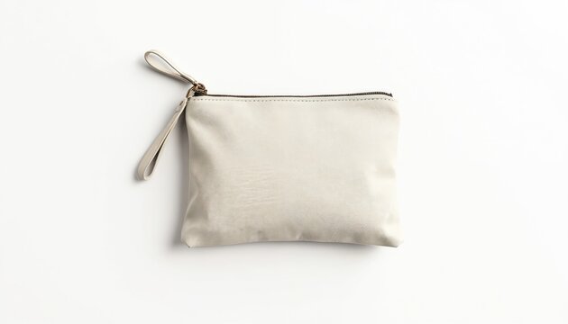 Top view of blank canvas clutch bag for cosmetics. Empty small cotton sac template. Perfect for showcasing clear wallet design, accessory store product display.
