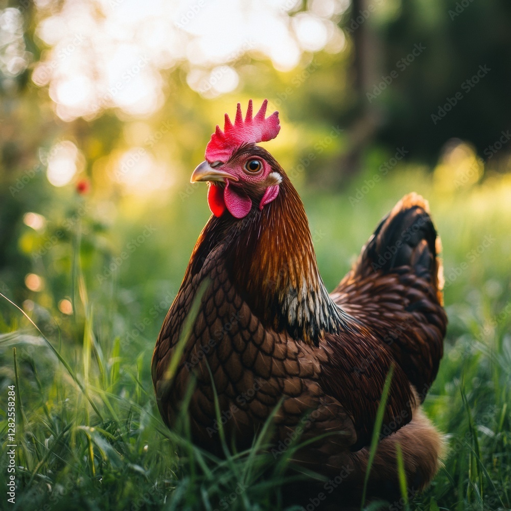 Poster Brown hen seen in a grassy field during golden hour with sunlight shining through trees in the background. Generative AI