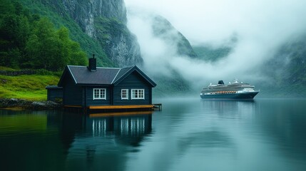 Fototapeta premium Misty fjord, cabin, cruise ship, tranquil scene