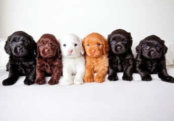 Obraz premium Adorable Puppies of Various Colors Displayed on Soft White Blanket