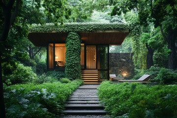 Modern house nestled in lush forest