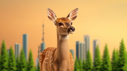 Young Deer Stands Gracefully Against City Skyline at Dusk