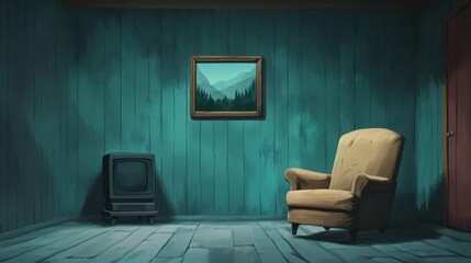 Cozy Vintage Room with Green Walls, TV, Chair, and Landscape Art