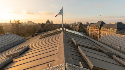 A beautiful sunset from the national university library roofs in Strasbourg in France on february...